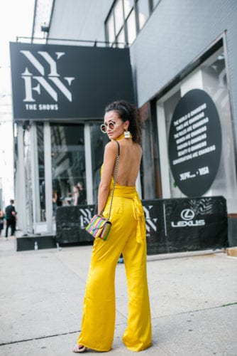 NYFW 2018, New York FASHION WEEK, STREET STYLE, LPA, YELLOW JUMPSUIT, CHANEL EARRINGS, YELLOW BLING GLASSES, NYFW 