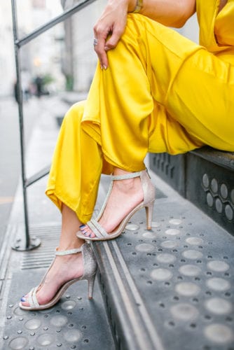 NYFW 2018, New York FASHION WEEK, STREET STYLE, LPA, YELLOW JUMPSUIT, DSW SHOES, DSW HEELS, BLING HEELS, SPARKLY HEELS 