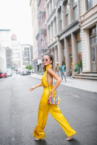 NYFW STREET STYLE, SOHO, NYC, YELLOW JUMPSUIT, REVOLVE, RAINBOW BAG