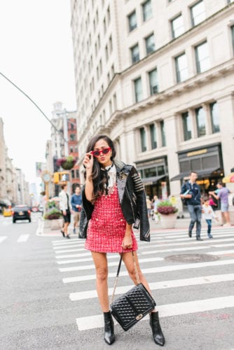 red tweed dress, flatiron, NYC, NYFW