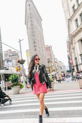 red cat eye sunglasses, bow tie top, embellished leather jacket, NYFW STREET STYE