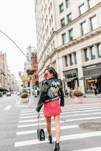 embellished jacket, tweed dress, NYC street style 