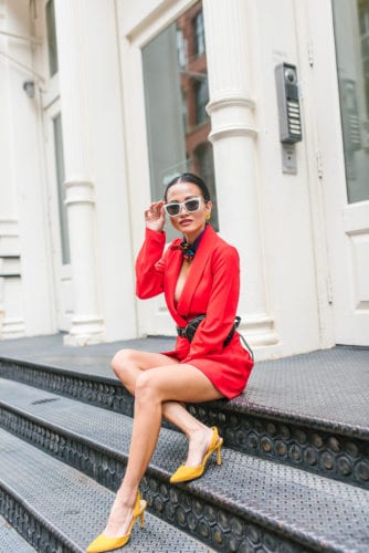 Revolve, Lovers and Friends, red blazer dress, yellow sling backs, #dswstyesquad, Quay X DESi