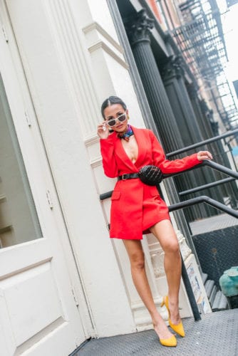 quilted fanny pack, quilted belt bag, white cat eye glasses, red blazer dress 