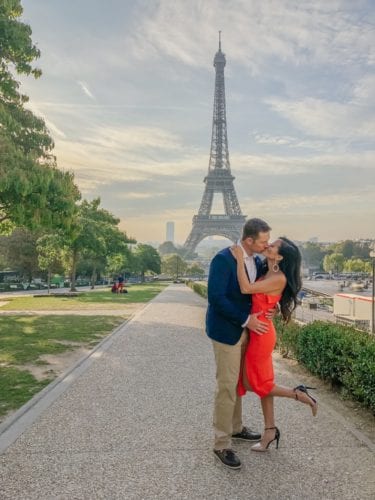 Eiffel Tower, engagement photos, Trocadero, red dress, where to take photos