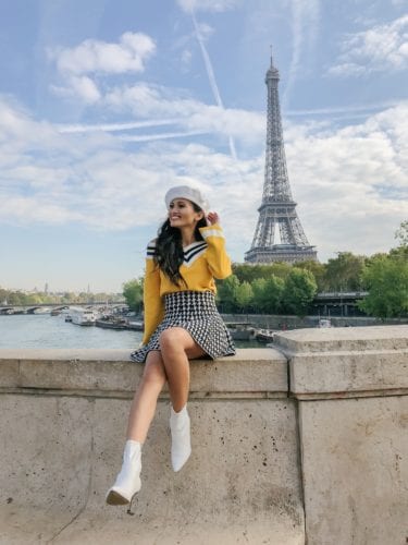 Eiffel Tower, Paris, France, yellow sweater, white boots, white beret, Fall in Paris