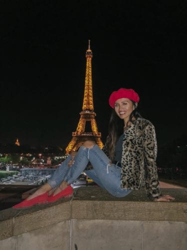 Eiffel Tower, night shot, red beret, leopard jacket, red flats