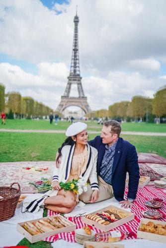 Eiffel Tower picnic, engagement photo, Paris, France, picnic in front of Eiffel Tower
