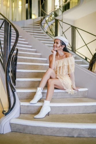 Coco Chanel, mirrored staircase, white beret, Chanel store 