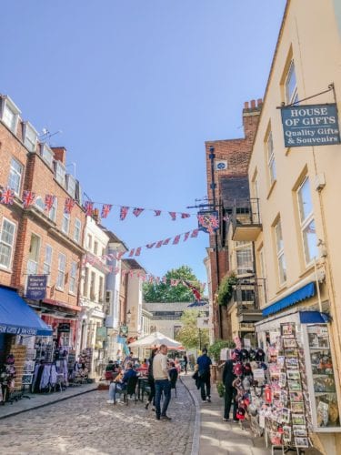 cobbled streets, British flag 