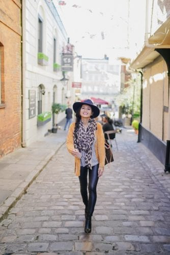 yellow chenille cardigan, faux leather tights, leopard scarf 