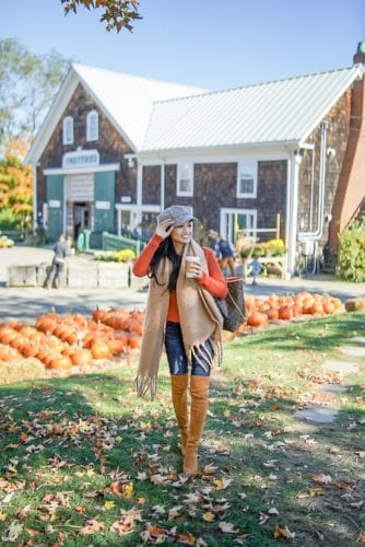 thanksgiving outfit, off the shoulder top, Stuart Weitzman boots, Russell Orchards, newsboy caps, fall foliage