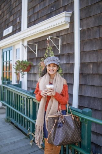 plaid cap, Louis Vuitton Neverful GM, Monogram, scarf, 