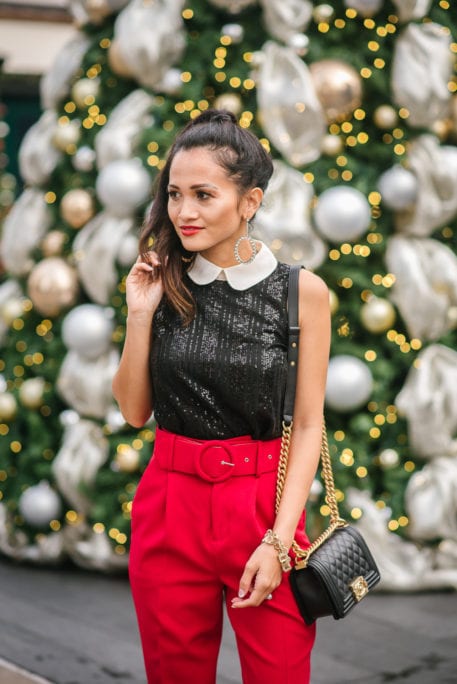 RED PANTS, SEQUIN TOPS, chanel boy bag