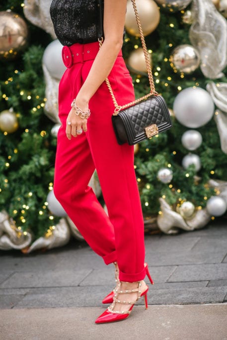 Chanel bag, red studded shoes