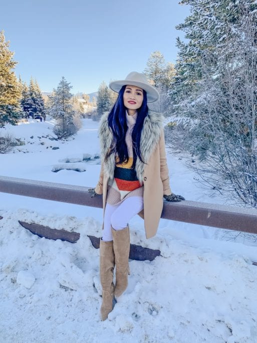 FEDORA, KNEE HIGH BOOTS, WHITE SKINNY JEANS, COLOR BLOCK SWEATER, SAM EDELMAN BOOTS, CHICWISH, FUR COLLAR JACKET, WINTER FASHION 
