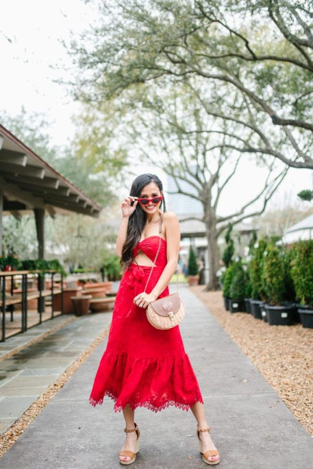 Lover and Friends, red sunglasses, monogrammed bag, red lace dress, DSW wedges 