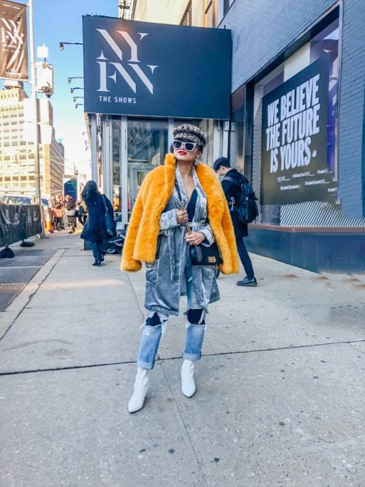 STREET STYLE, NYFW STREET STYLE, WHITE BOOTIES, YELLOW FUR JACKET, RIPPED JEANS, REVOLVE 