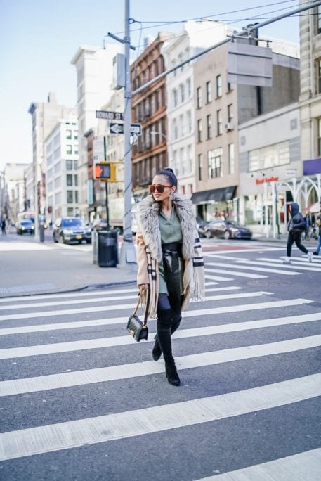 NYC STREET STYLE, GREEN TUNIC TOP, GREEN UTILITY DRESS, FUR COLLAR JACKET