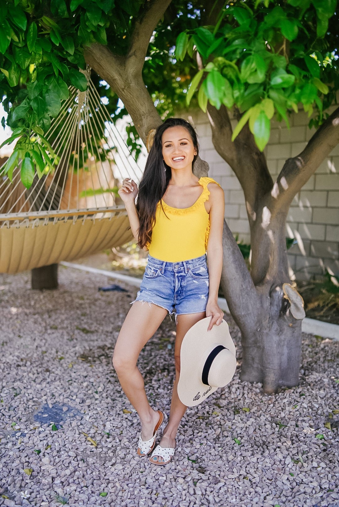 hammock, summer style, yellow one piece, GRLFRND denim, cutoff shorts 