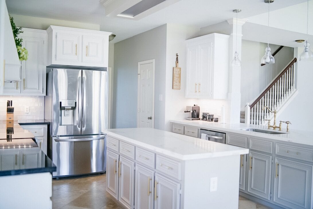 grey and white cabinets, French door refrigerator, stainless steal refrigerator