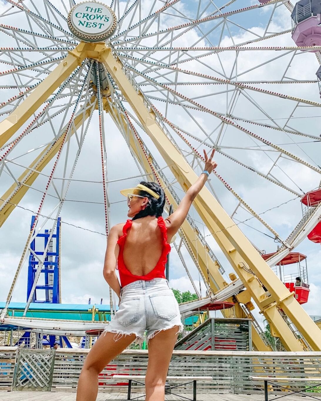 Ferris wheel, RED SWIMSUIT, CUT OFF SHORTS 