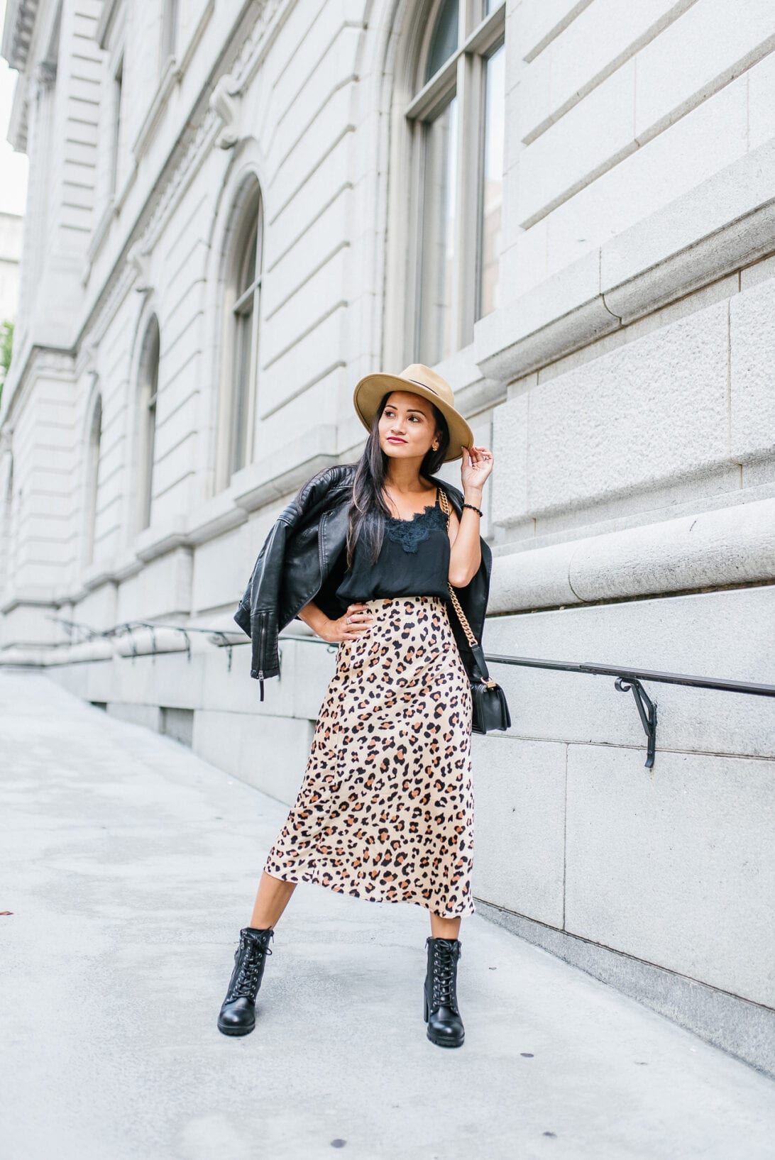 LEOPARD SKIRT, LACE UP BLACK BOOTS, BLACK CAMI