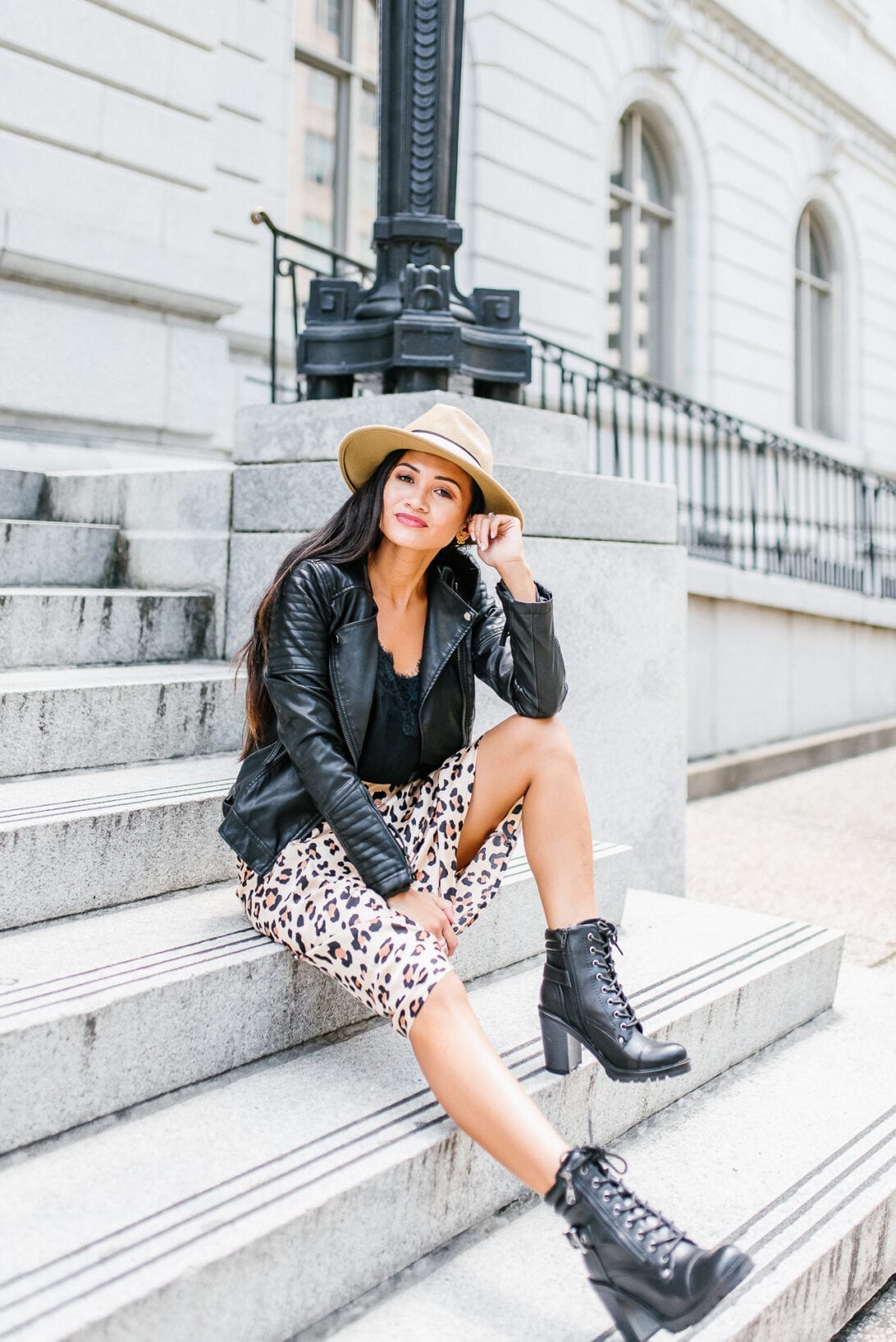 LACE UP BOOTS, FAUX LEATHER JACKET, FEDORA, HOW TO STYLE LEOPARD SKIRT