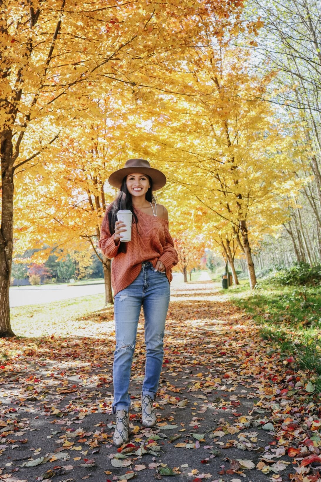 Snoqualmie fall trees, fall fashion, orange sweater, fall style, snake booties, Vince Comuto boots