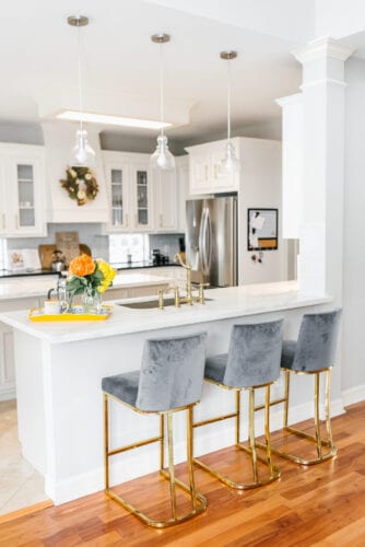 gold bar stools, velvet bar stools, kitchen remodel, white kitchen