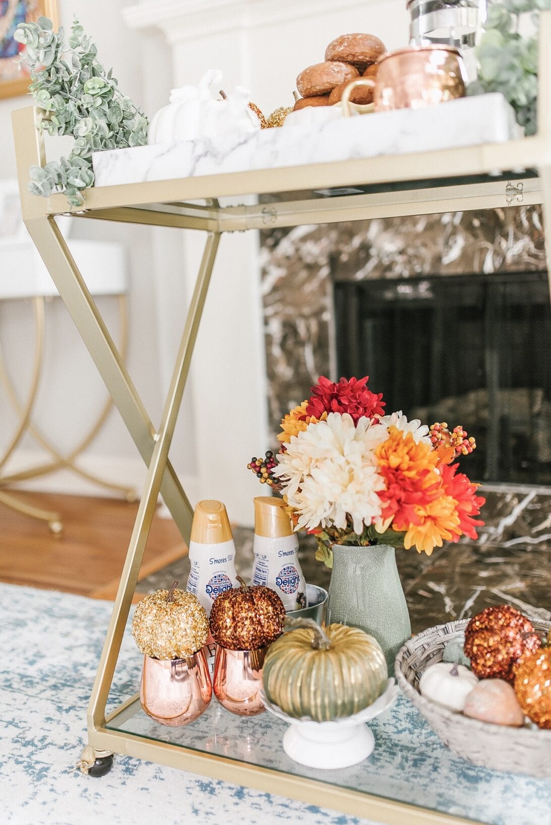 gold bar cart, decorative pumpkins, fall decor, fall home decor 