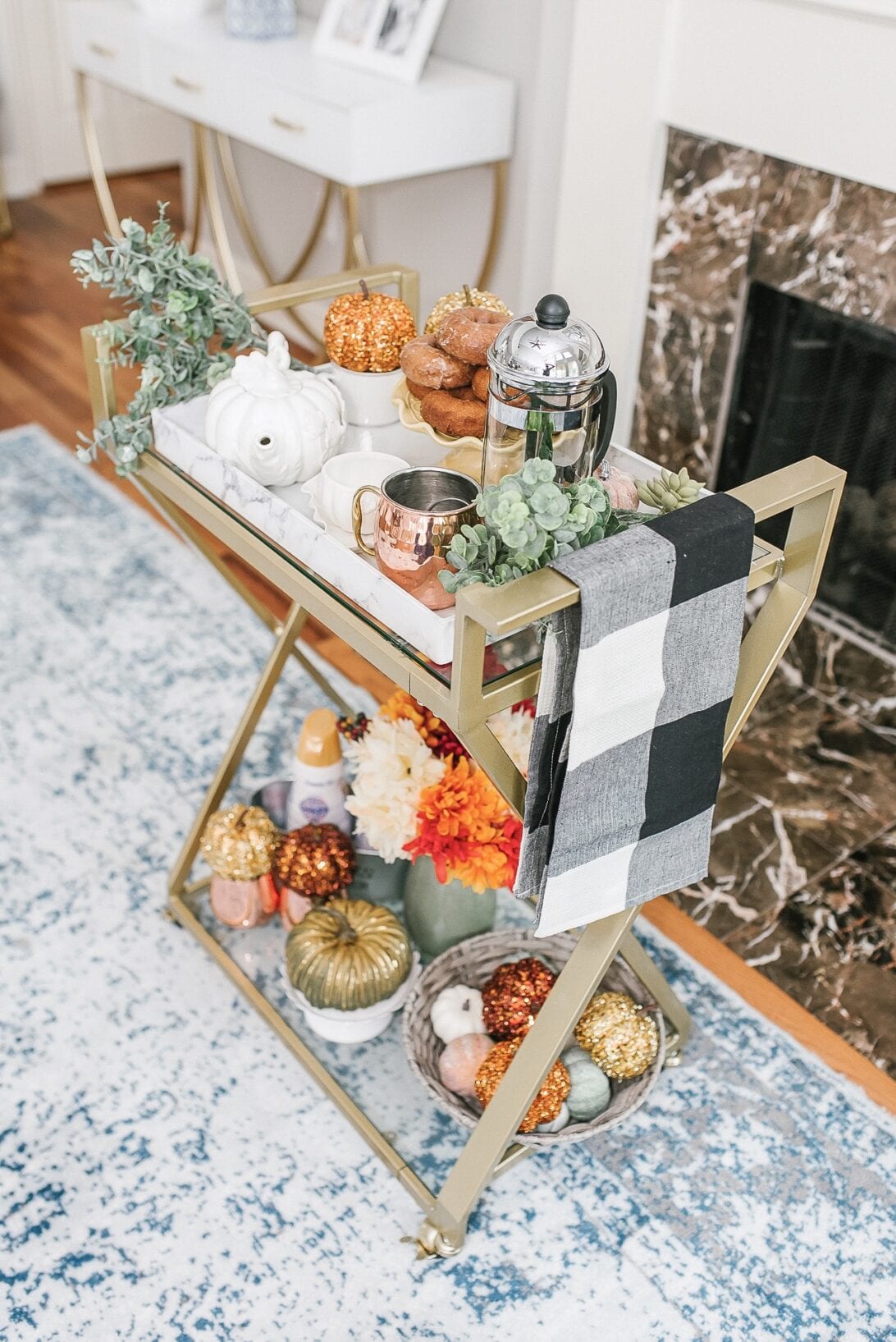 coffee bar cart styling, gold pumpkins, how to style a bar cart