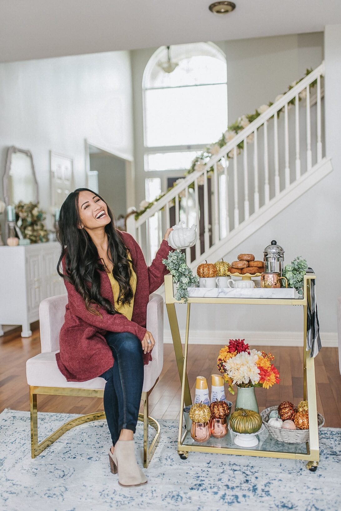 serving cart, gold bar cart styling, fall pumpkins 