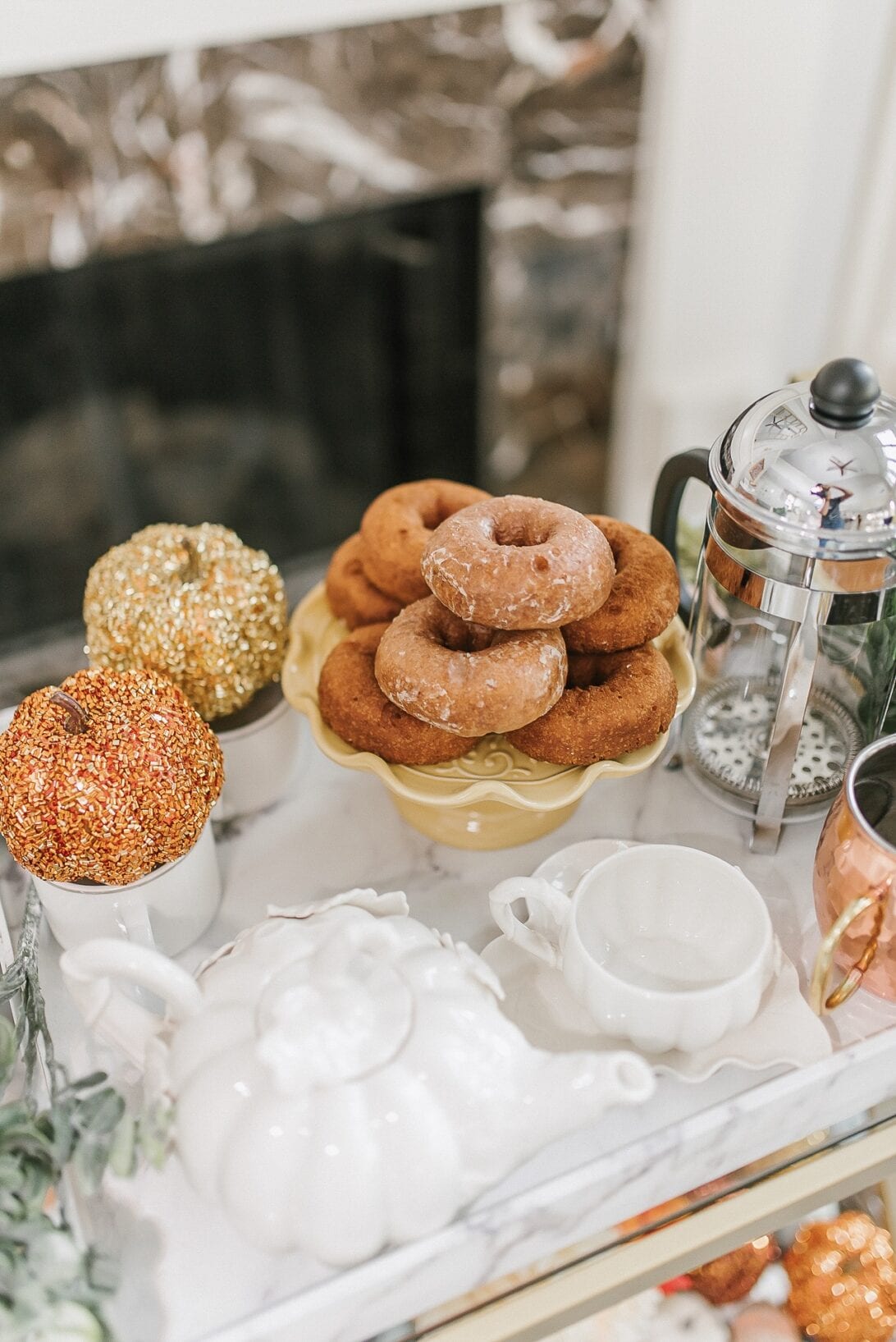 fall cider donuts, apple cider, fall food tray, pumpkin tea set