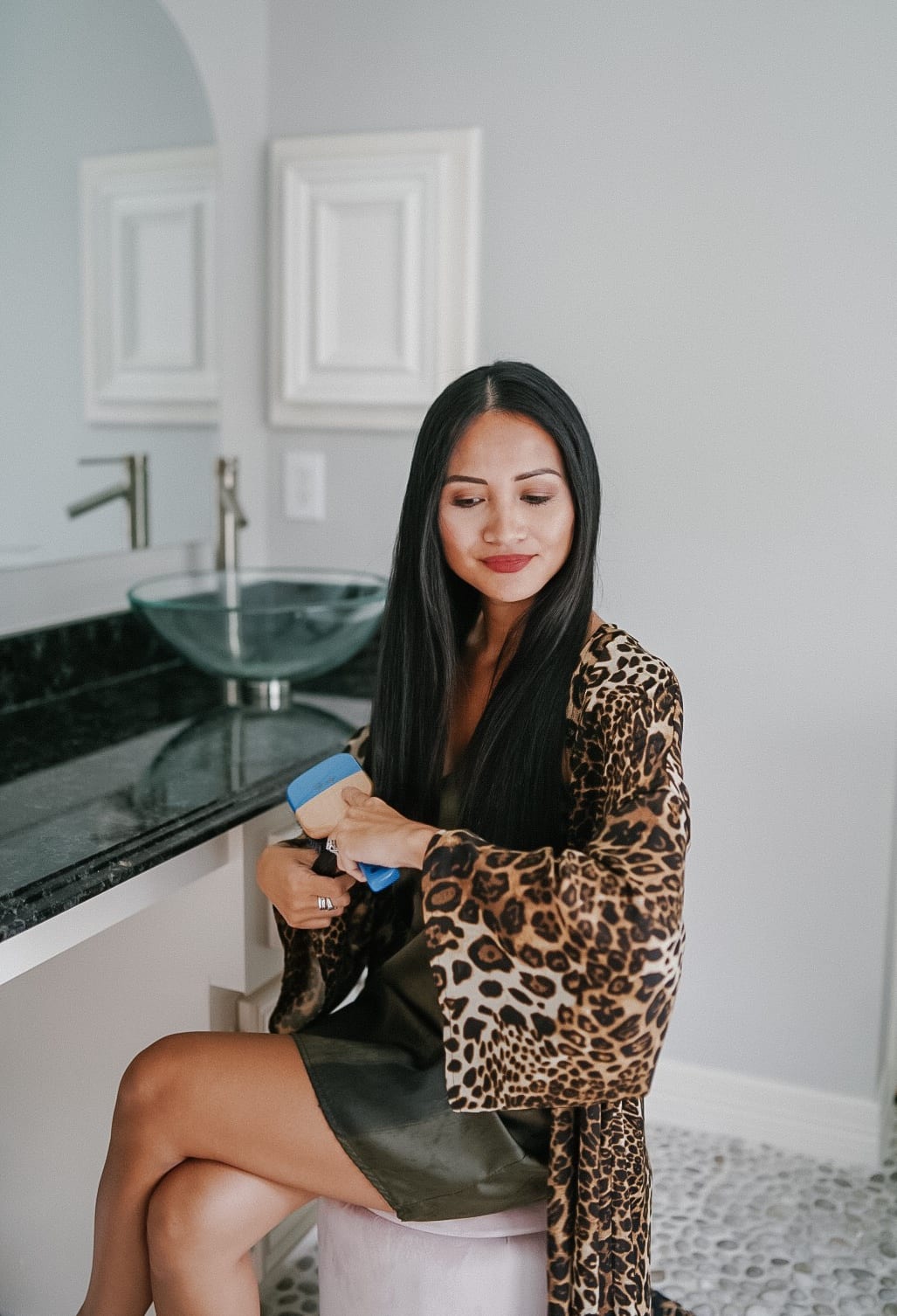 leopard robe, hair brush