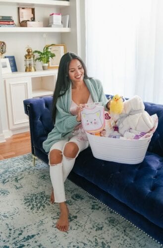 BABY SHOWER GIFT BASKET, BABY SHOWER GIFT IDEAS, BLUE VELVET COUCH