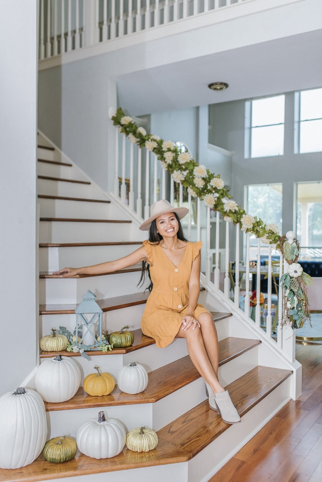 gold pumpkins, white pumpkins, white stair banisters