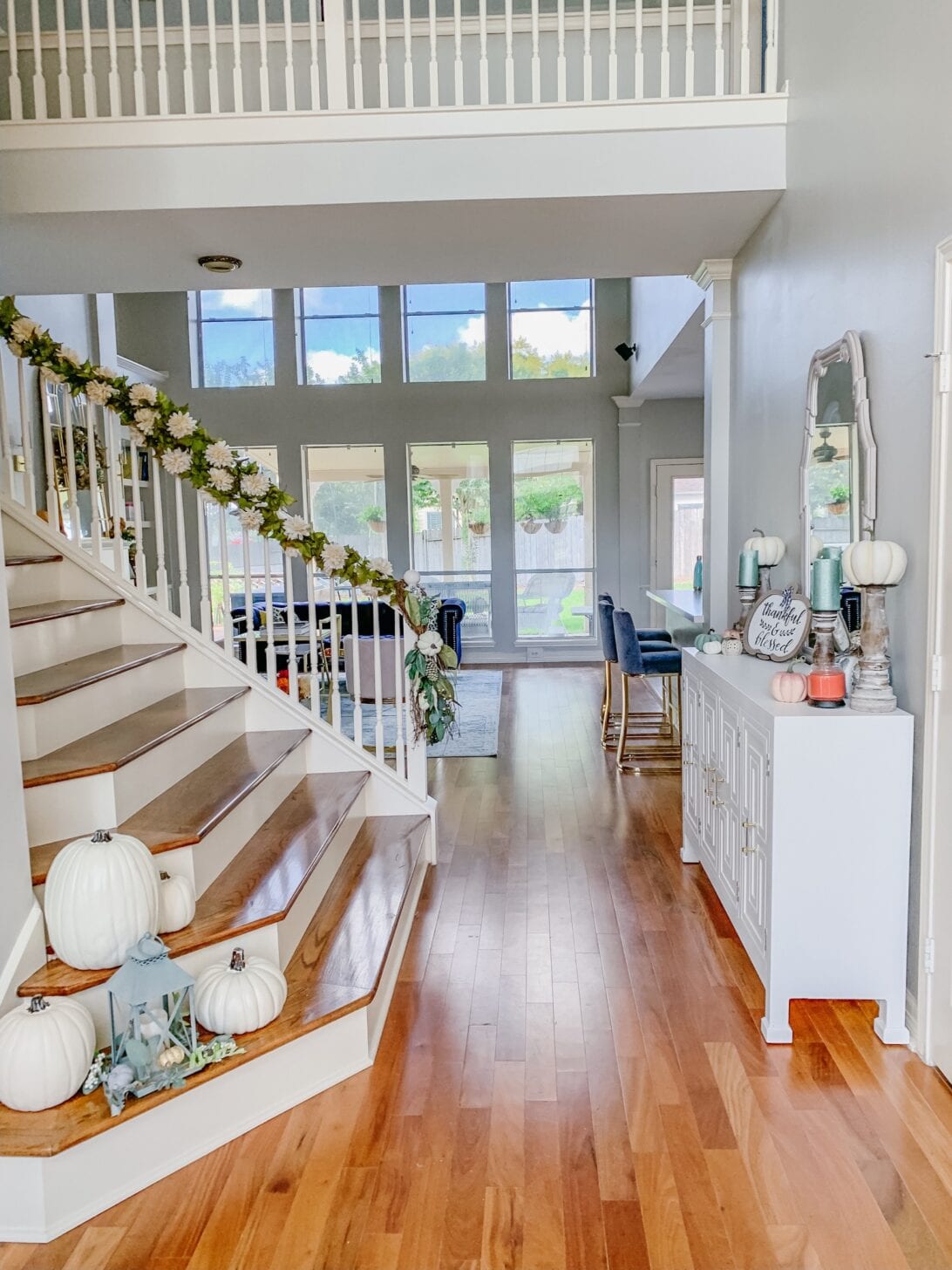 entryway, wood stairway, white stairs, foyer, foyer decoration, fall entryway, farmhouse entryway