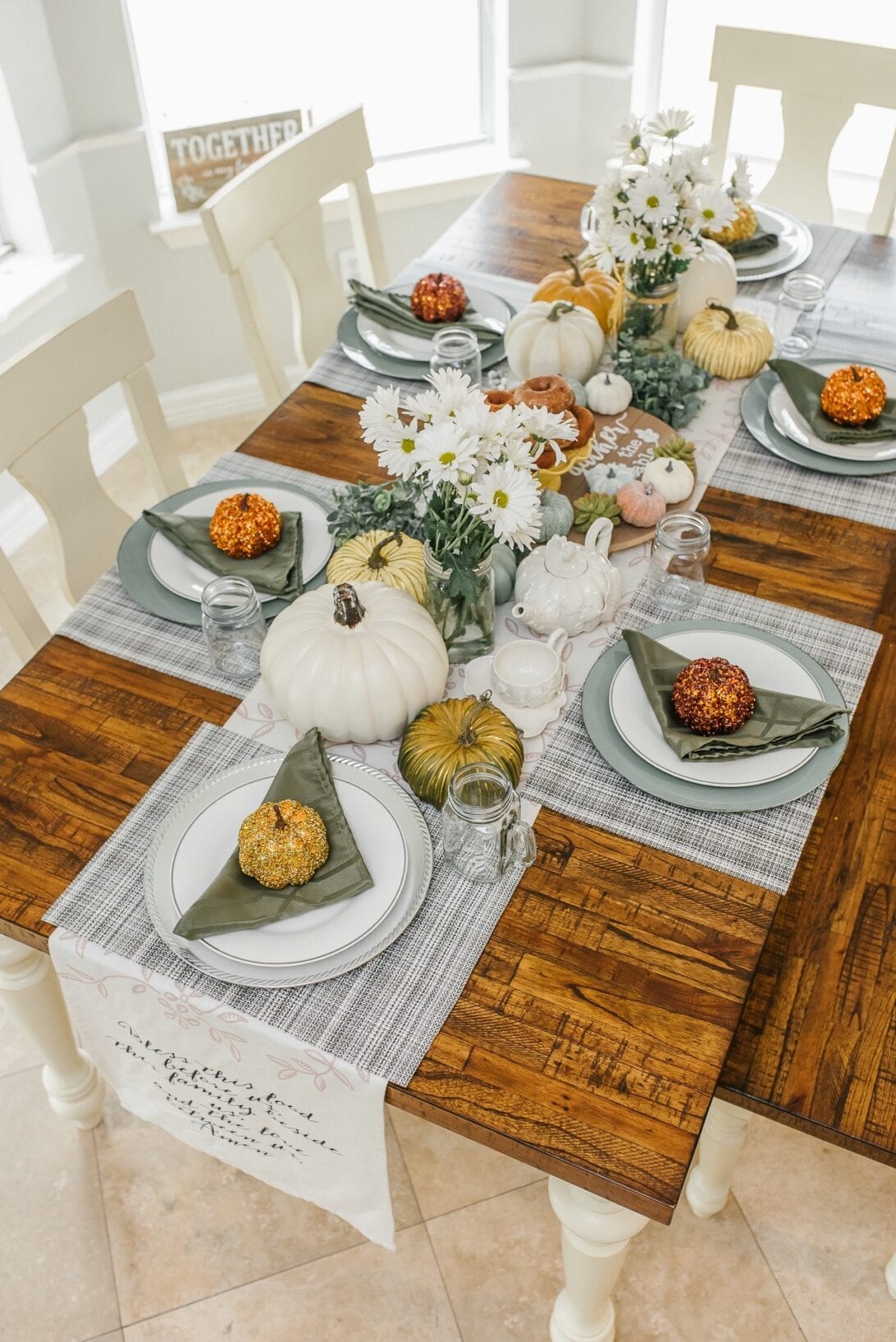 country table, white pumpkins, tablescape, orange pumpkins 