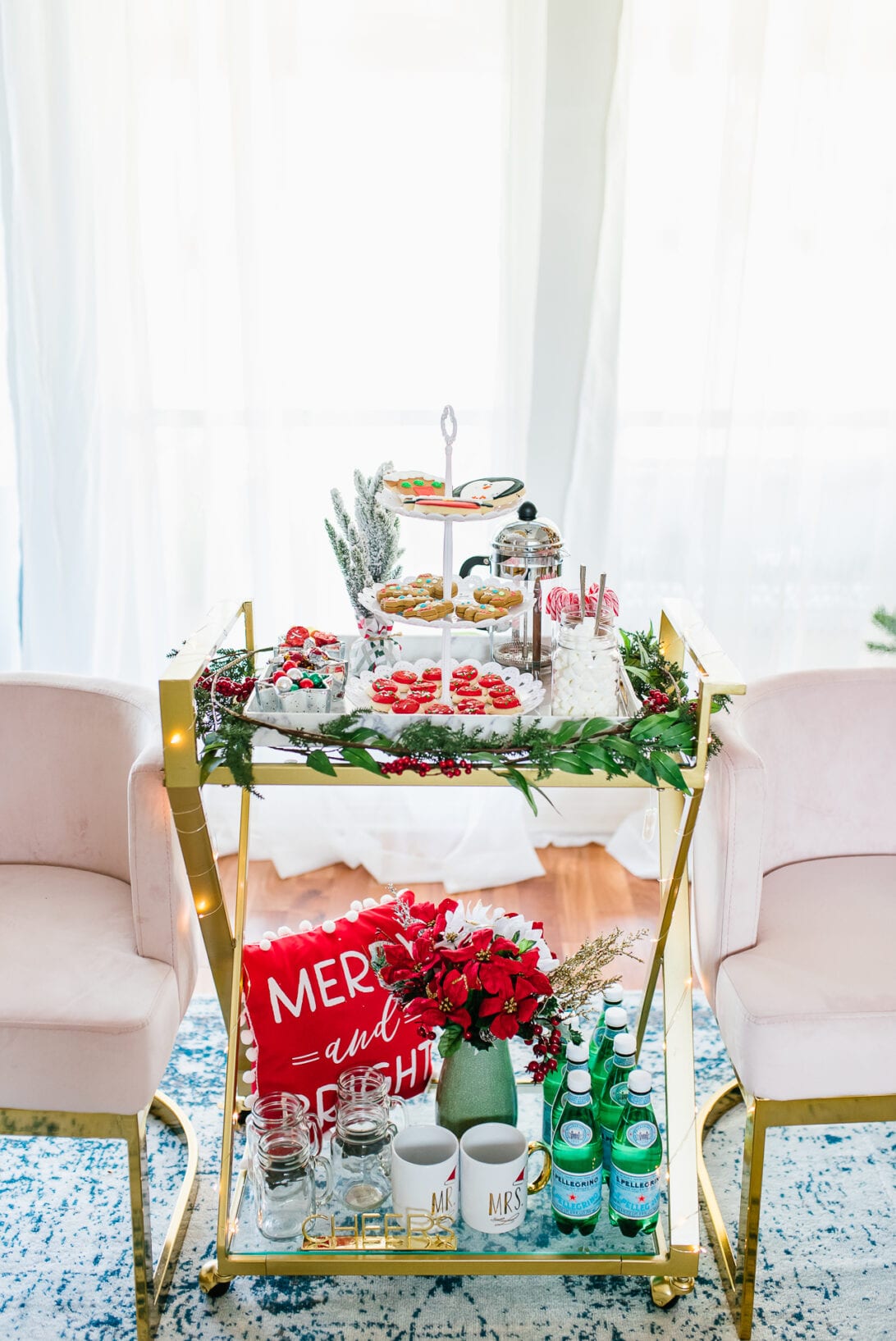 holiday bar cart set up, gold bar cart