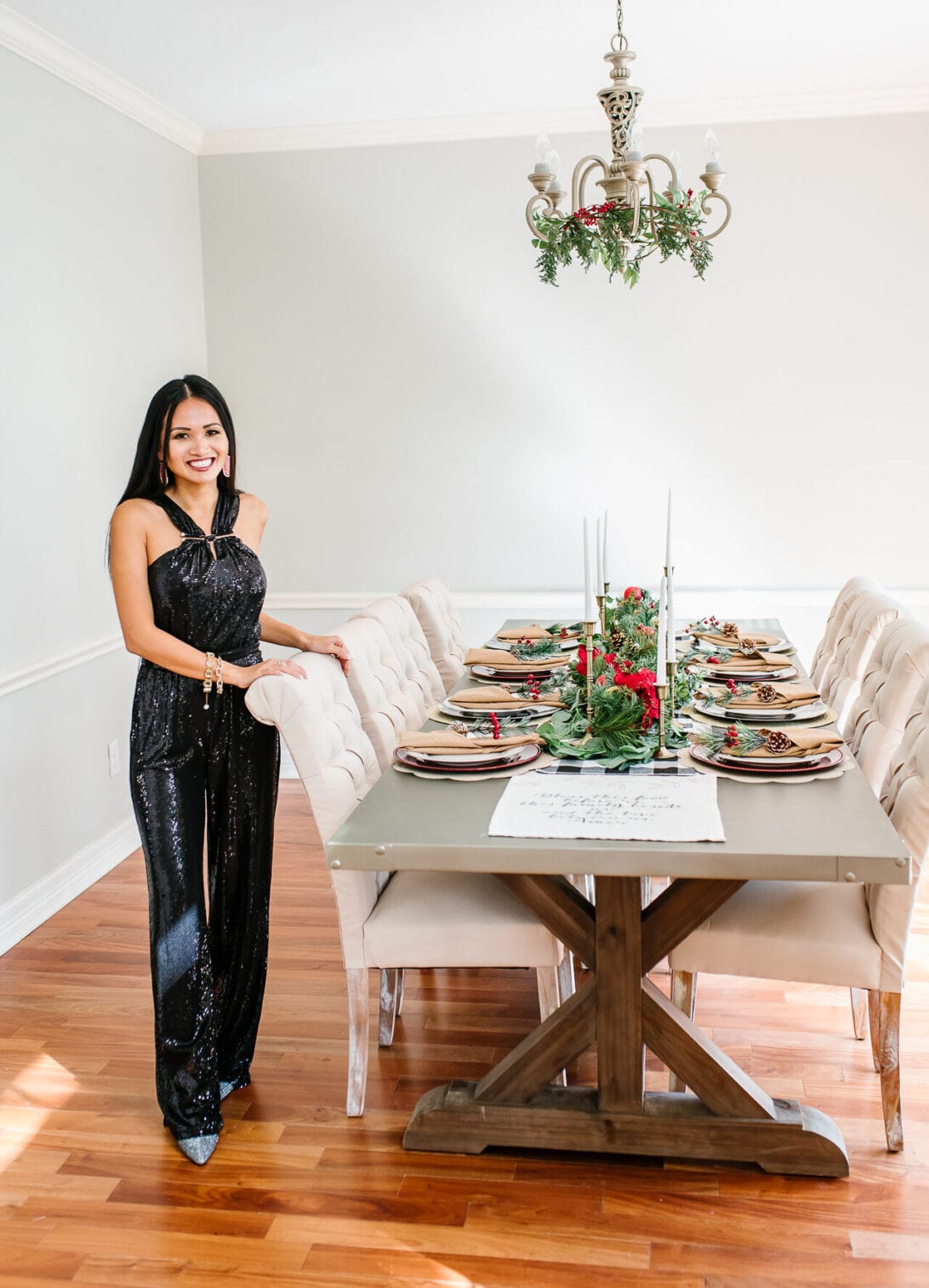 christmas table decor, Michael Kors sequin jumpsuit, sequin jumpsuit , farmhouse table 