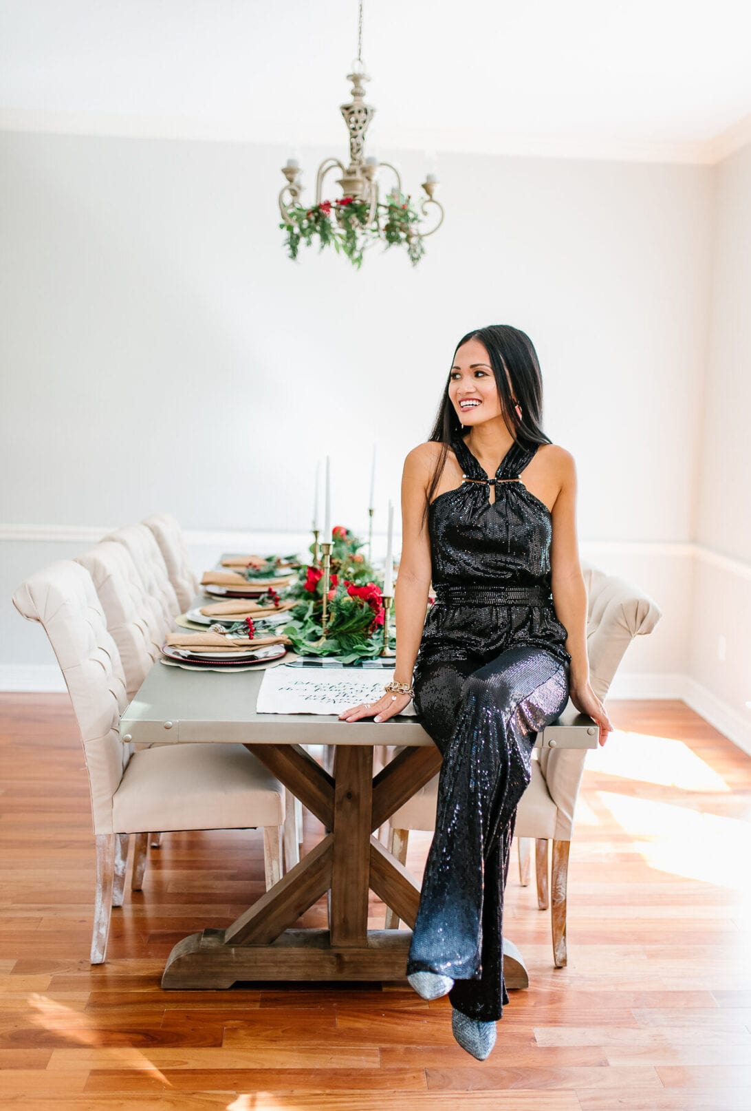 sequin jumpsuit, dining room,