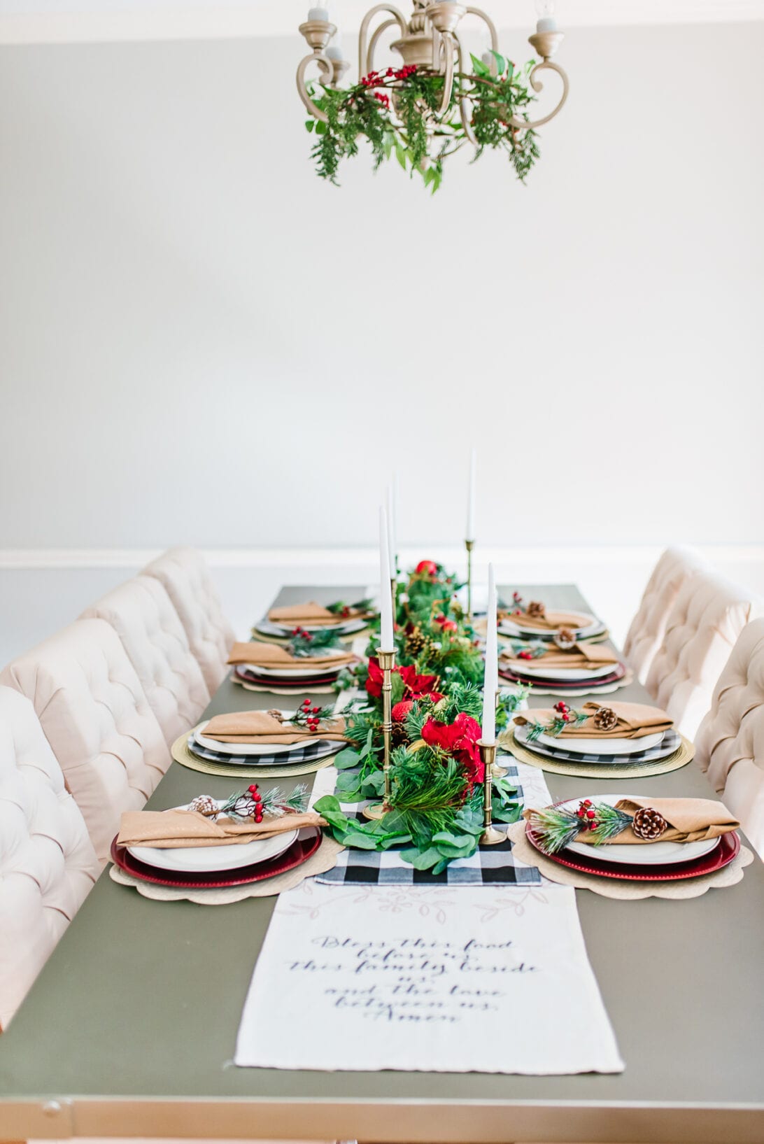 Christmas tablescape, chandelier wreath, christmas chandelier, buffalo check table runner 