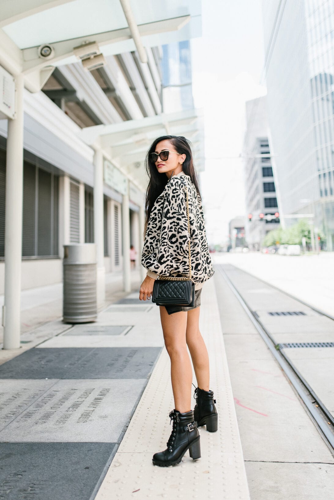 black buckle boots, black combat boots, leopard sweater 