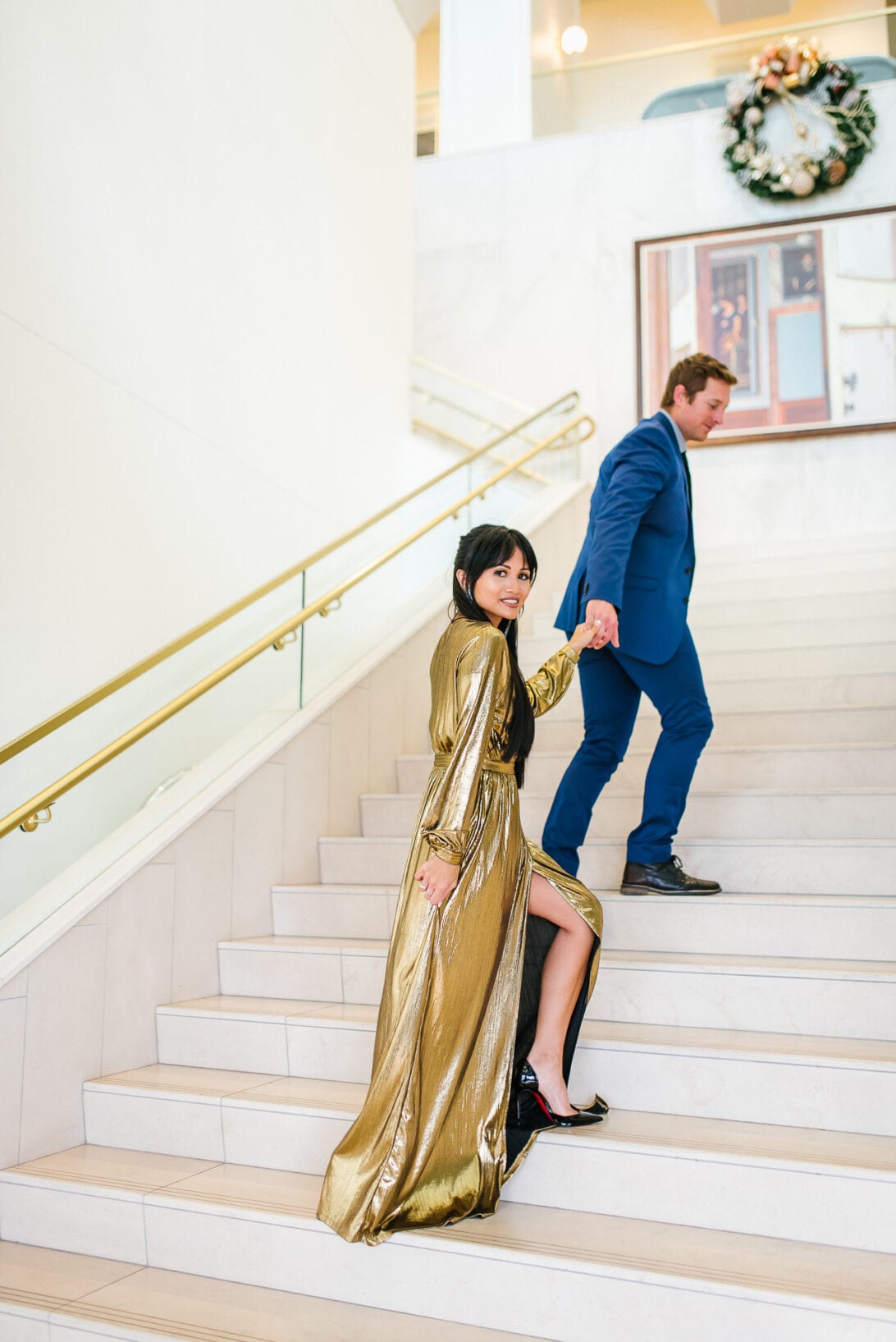 MEN'S BLUE SUIT. GOLD METALLIC MAXI DRESS, BLACK LOUBITON HEELS