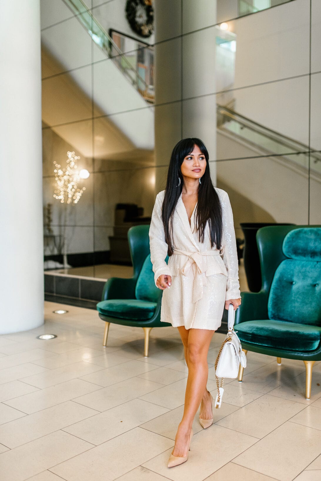 tie front dress, white sequin dress, nude heels 