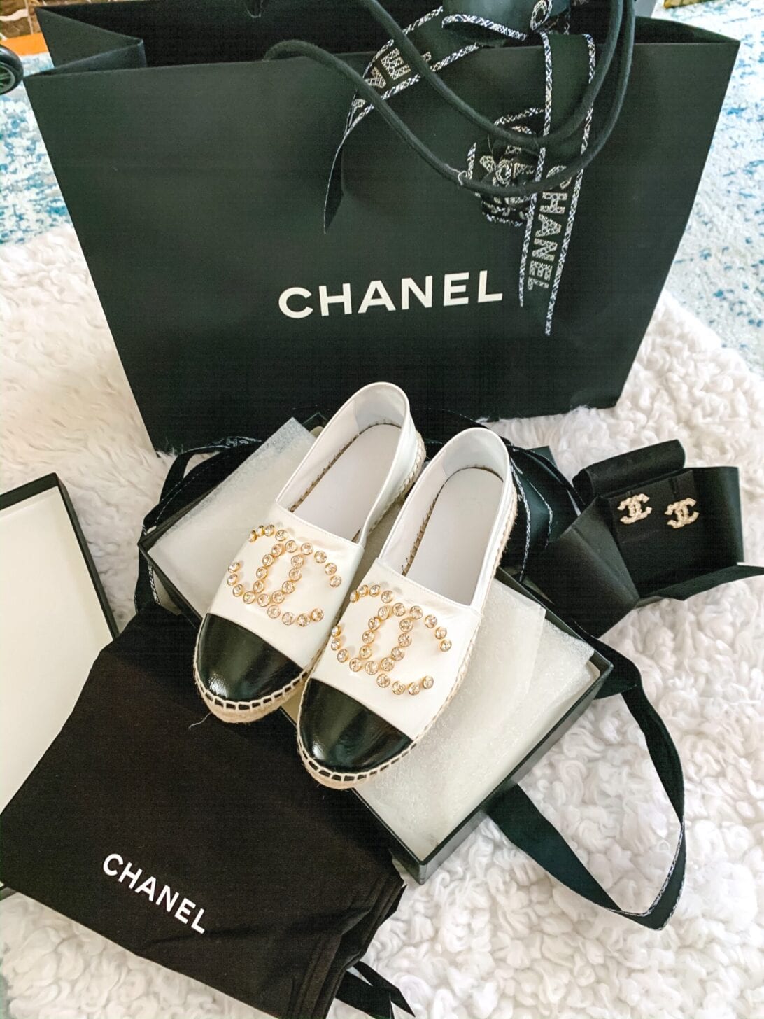 chanel cruise 2020, Chanel espadrilles, black and white calf skin espadrilles, Chanel unboxing, Chanel earrings, Chanel bag, Chanel shoes, bling chanel espadrilles 