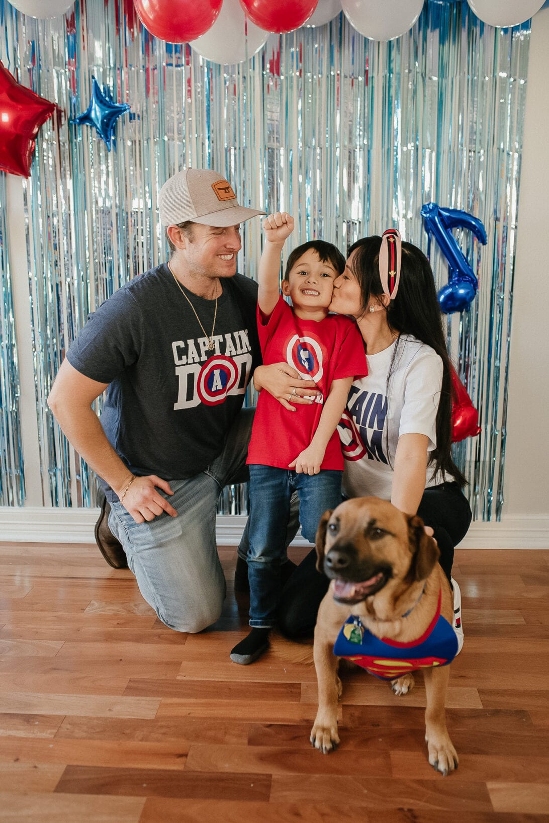 Captain America Dad, Captain America Mom, Captain America birthday boy, superman dog 