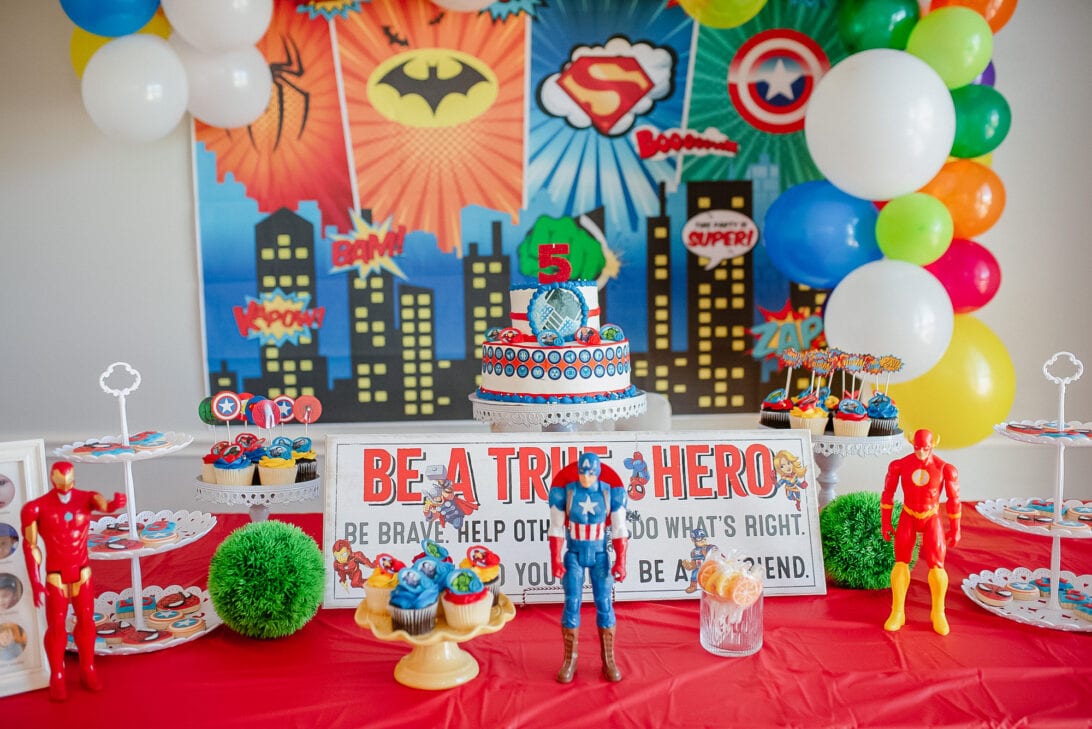 Superhero Birthday Party Dessert Table and Decor  Marvel birthday party,  Superhero birthday party, Avengers birthday