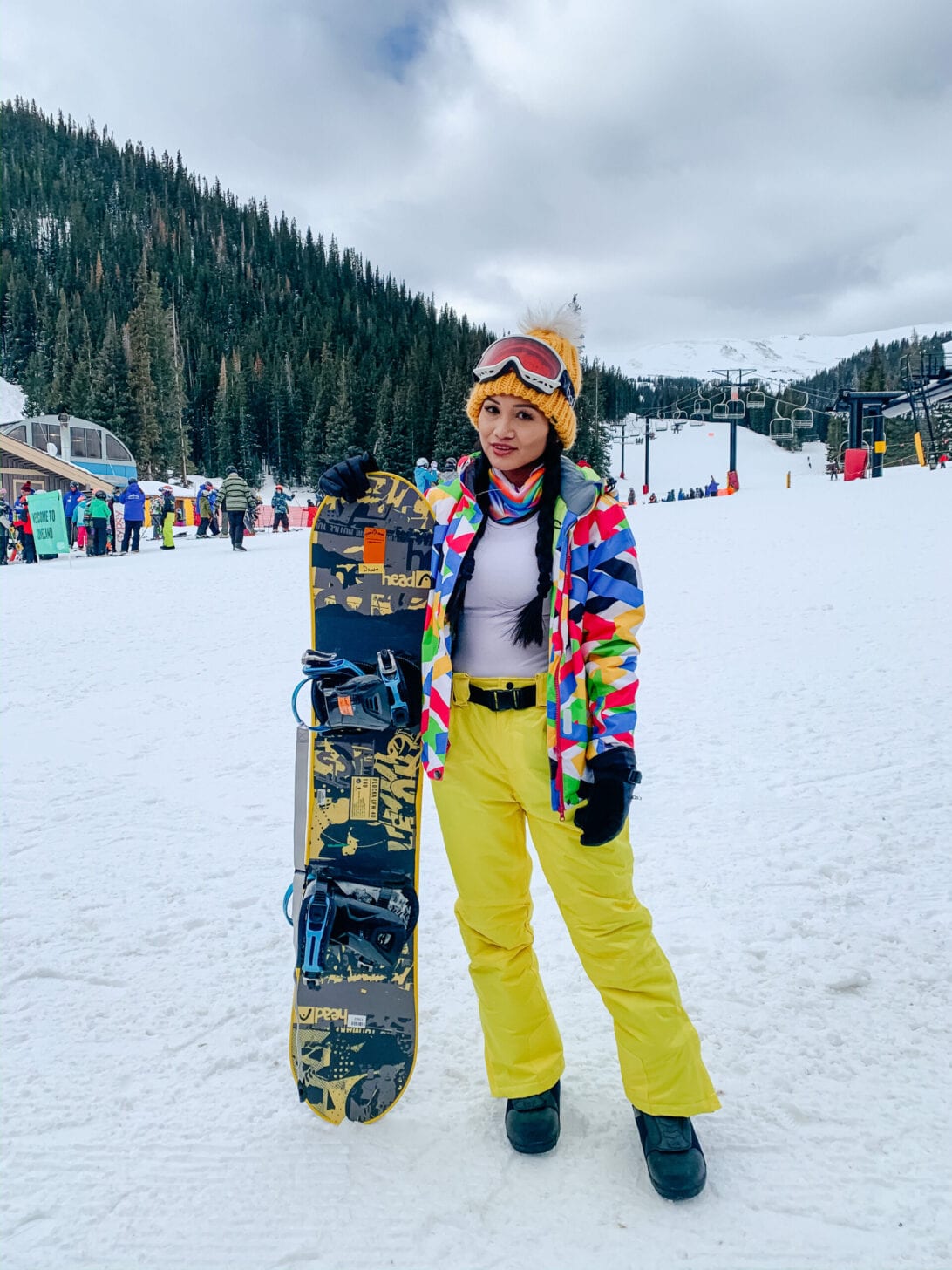 yellow snow pants, snowboarding outfit, snowboarding style, colorful snowboarding jacket